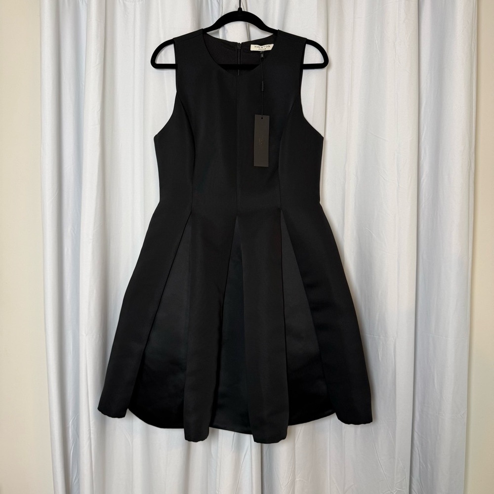 Halston Heritage Black Pleated Fit & Flare Cocktail Dress NWT Size 12 - Picture 2 of 13